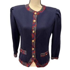 Vintage Jeffrey Dara Blazer Jacket Size 9/10 Navy and Paisley Print Gold Buttons